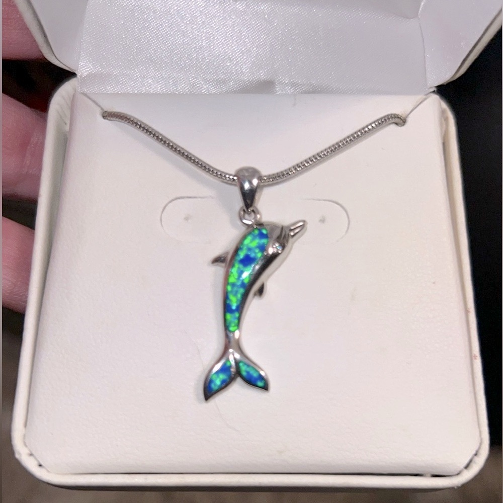 NWOT 🐬 16-18” STAMPED .925 SILVER AUSTRALIAN OPAL PENDANT SNAKE CHAIN NECKLACE - Picture 6 of 8